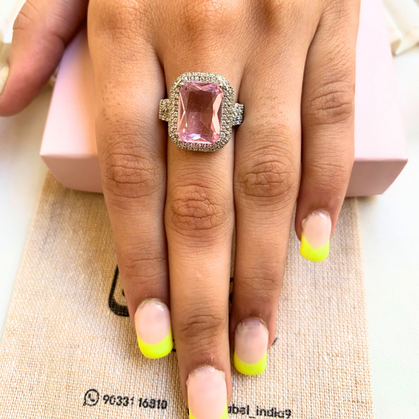 Pink Stone Silver Adjustable Ring
