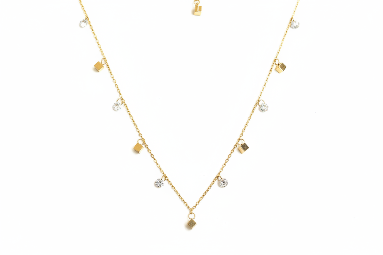 Gold Charm Necklace on White Background